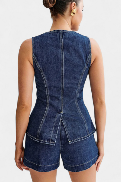 Chaleco Denim Sin Mangas Raya y Shorts de Cintura Alta