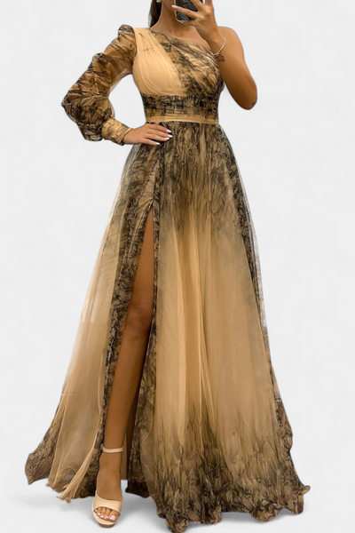 Vestido Maxi de Chiffón Becca con Hombros Descubiertos y Flor Voluminosa