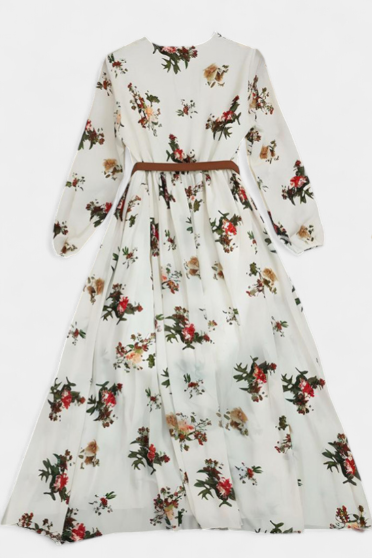 Vestido Maxi Floral Amanda con Cuello en V y Mangas Largas