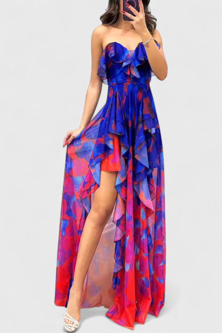Vestido Maxi Sin Mangas Andy con Capas de Volantes y Abertura en Gradiente