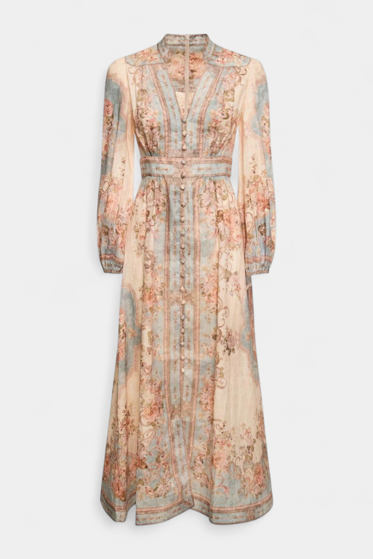 Dorotila Vestido Maxi Acampanado con Estampado Floral, Botones y Mangas Abullonadas