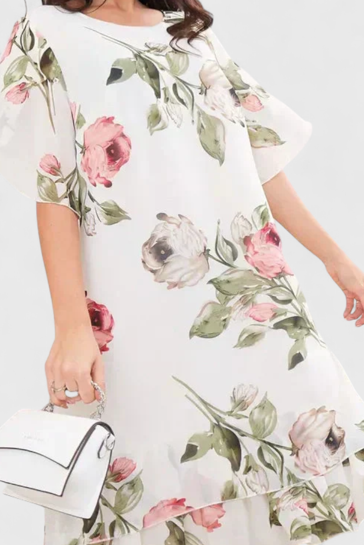 Tameka Vestido de Gasa Suave con Pétalos y Mangas Transparentes