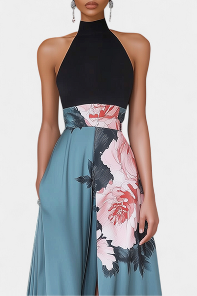Radmila Vestido A-Line con Top Negro y Falda Floral Contrastante