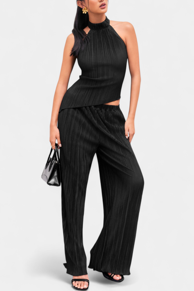 Pilarica Conjunto de Top Halter Asimétrico y Pantalón Fluido con Pliegues