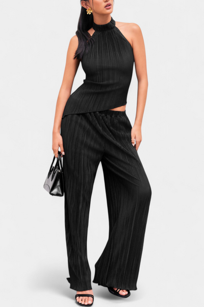 Pilarica Conjunto de Top Halter Asimétrico y Pantalón Fluido con Pliegues