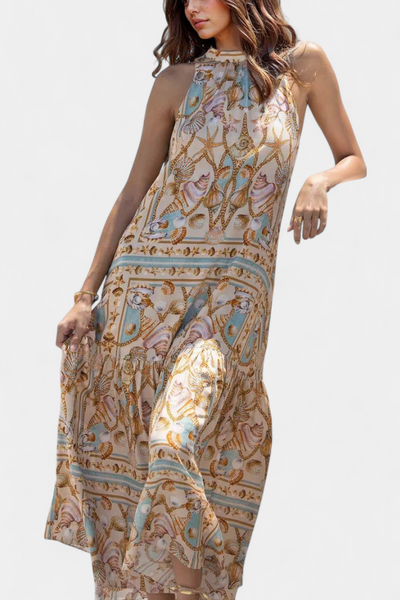Vestido Largo Silky Teófila con Estampado de Tesoros Marinos