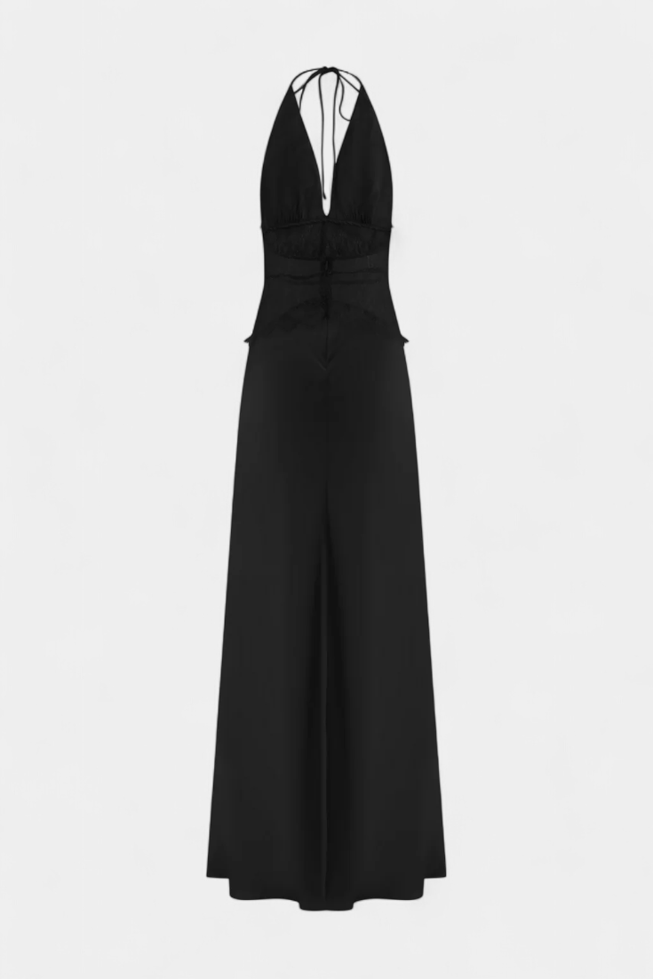 Vestido Largo Ashanty con Escote Halter y Cintura de Encaje Transparente