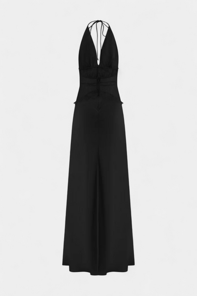 Vestido Largo Ashanty con Escote Halter y Cintura de Encaje Transparente