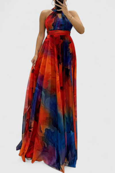 Vestido Maxi de Gasa Caprice con Estampado Floral y Cuello Halter