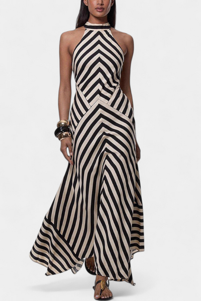 Crispina Maxi Vestido Halter con Rayas Chevron y Espalda Abierta