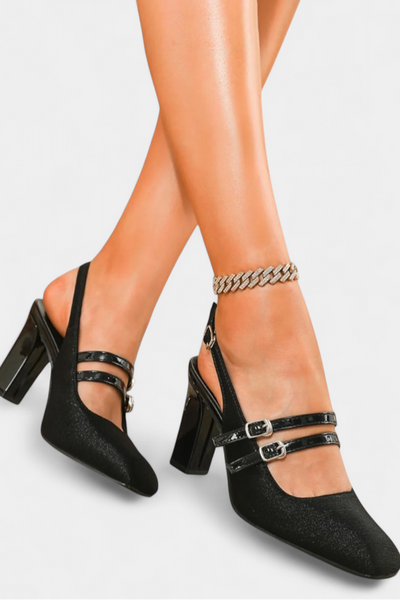 Tacones Satinados Orlanda con Doble Tira y Correa en el Tobillo