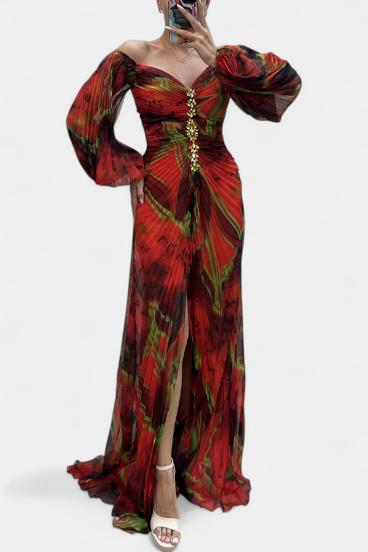 Vestido Maxi Plisado Quintessa con Mangas Largas y Estampado Colorido