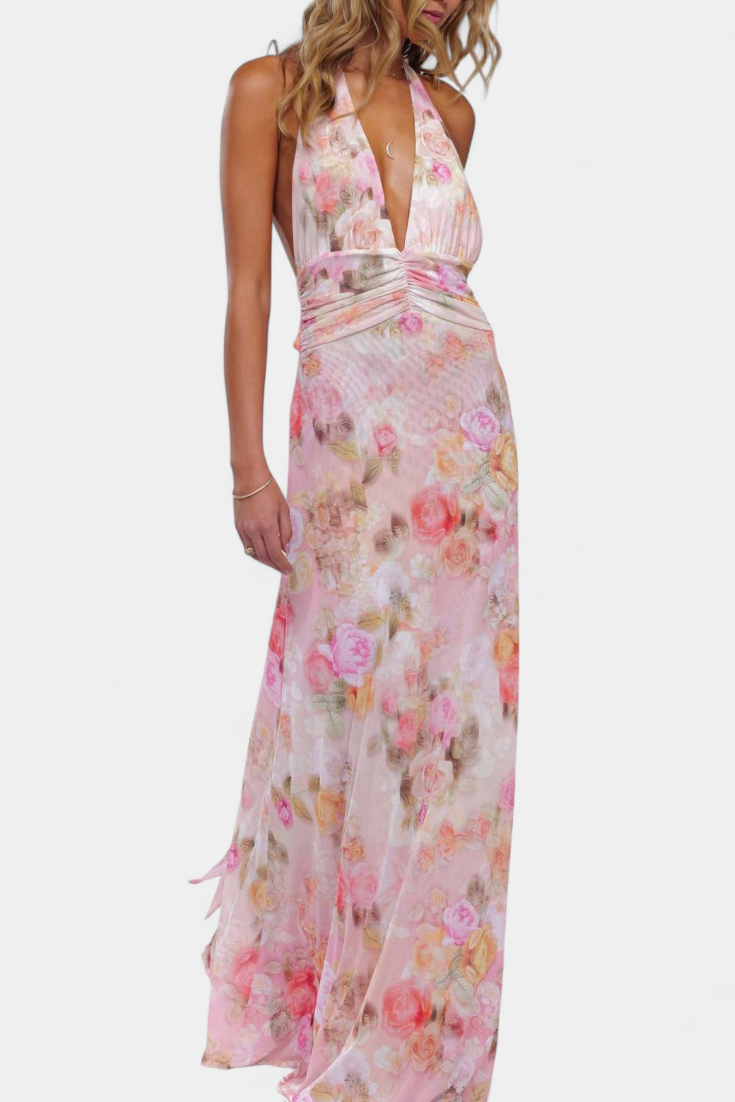 Vestido Maxi de Lunares Melodía con Escote Halter y Cintura Ajustada