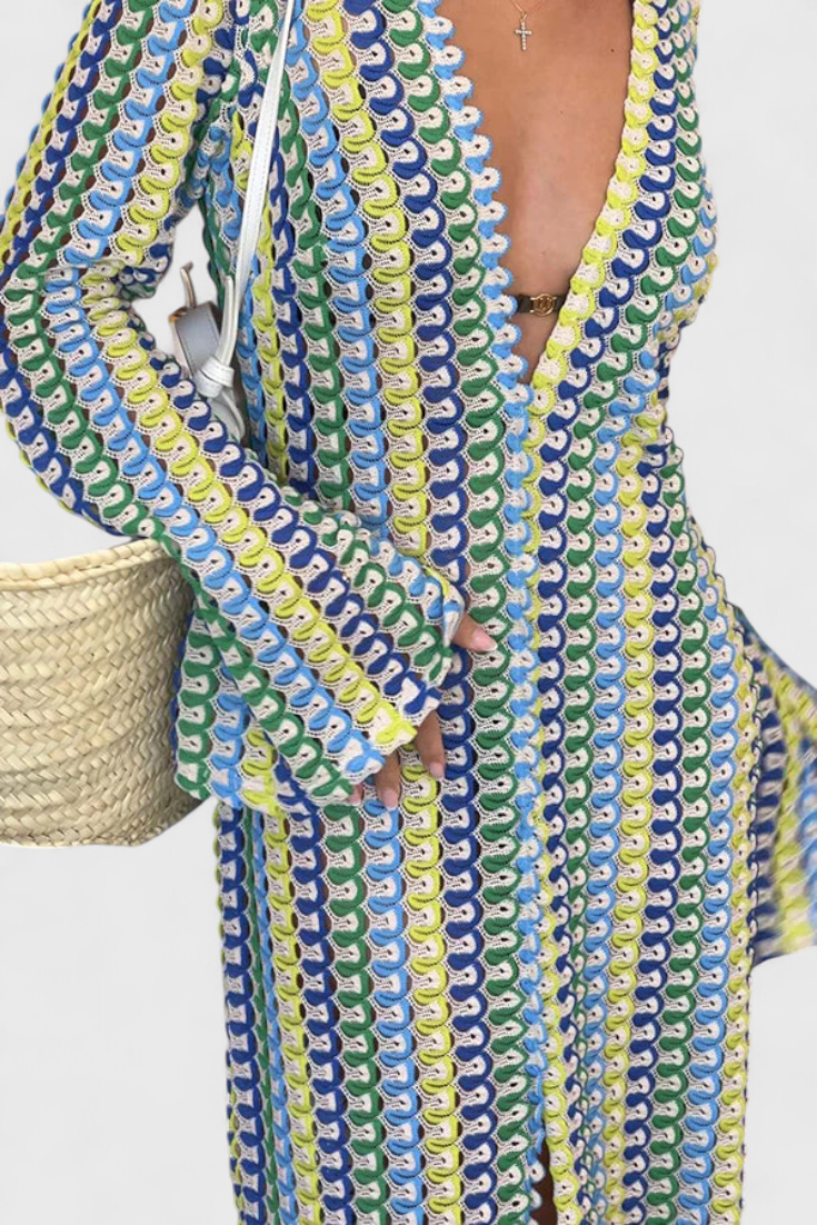 Crisanta Vestido Largo de Manga Larga con Estampado de Ondas Multicolores