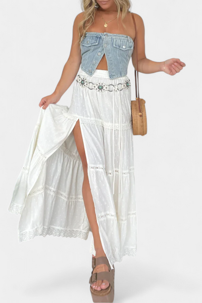 Falda Maxi Boho Dola con Encaje y Abertura Delantera