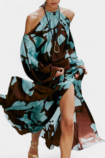 Vestido Largo Monte con Aberturas en las Mangas y Diseño Abstracto