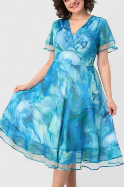 Vestido de Gasa Azul Almira con Estampado de Acuarela