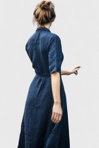 Vestido Midi Vintage Sharon de Algodón y Lino con Cuello Solapa