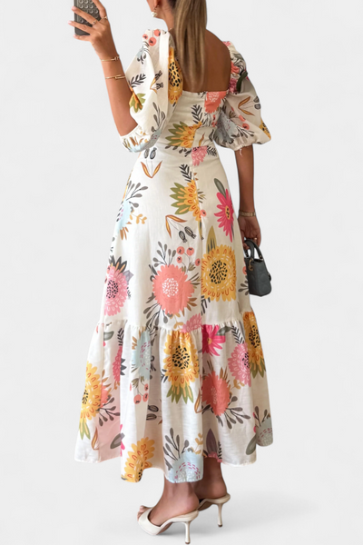 Kacey Vestido Midi de Algodón con Estampado Floral y Mangas Abullonadas