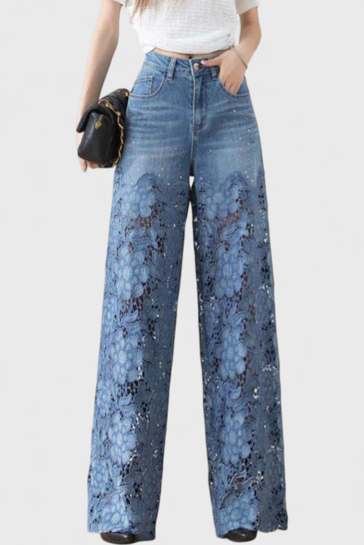 Jasiel Pantalones Palazzo de Denim con Encaje y Bordado Floral