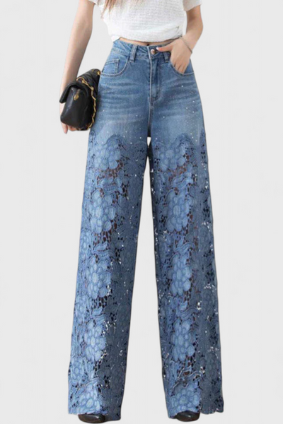 Jasiel Pantalones Palazzo de Denim con Encaje y Bordado Floral
