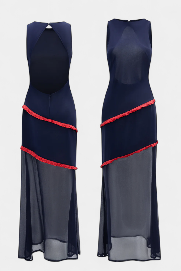 Orfila Vestido Midi Bodycon con Gasa y Flecos en Contraste