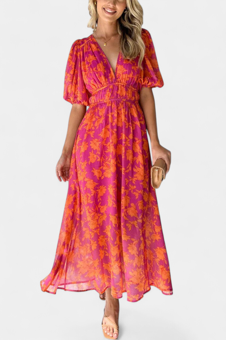 Vestido Midi Floral Wren con Escote en V y Mangas Abullonadas