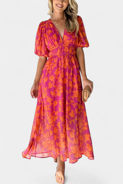 Vestido Midi Floral Wren con Escote en V y Mangas Abullonadas