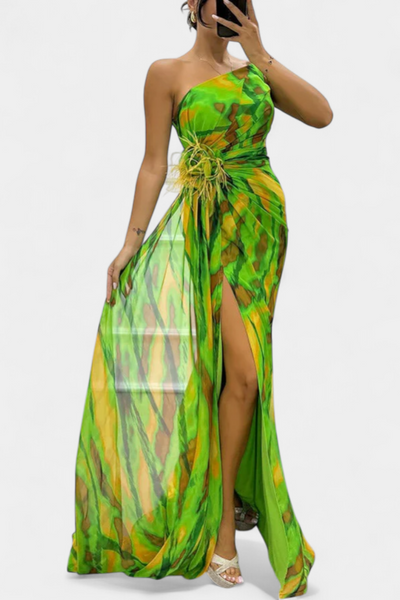 Aylin Vestido Maxi Asimétrico con Estampado Colorido