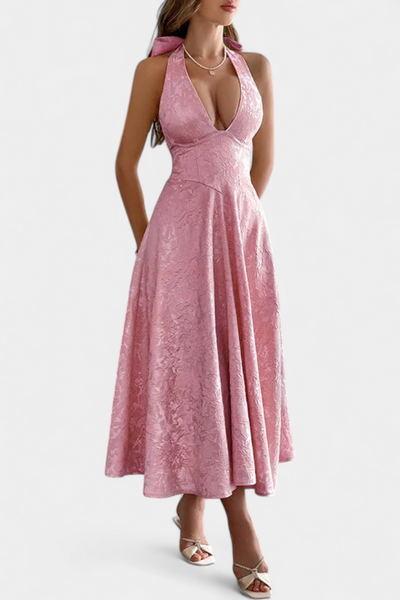 Gilda Midi Dress in Jacquard with Open Back and High Waist