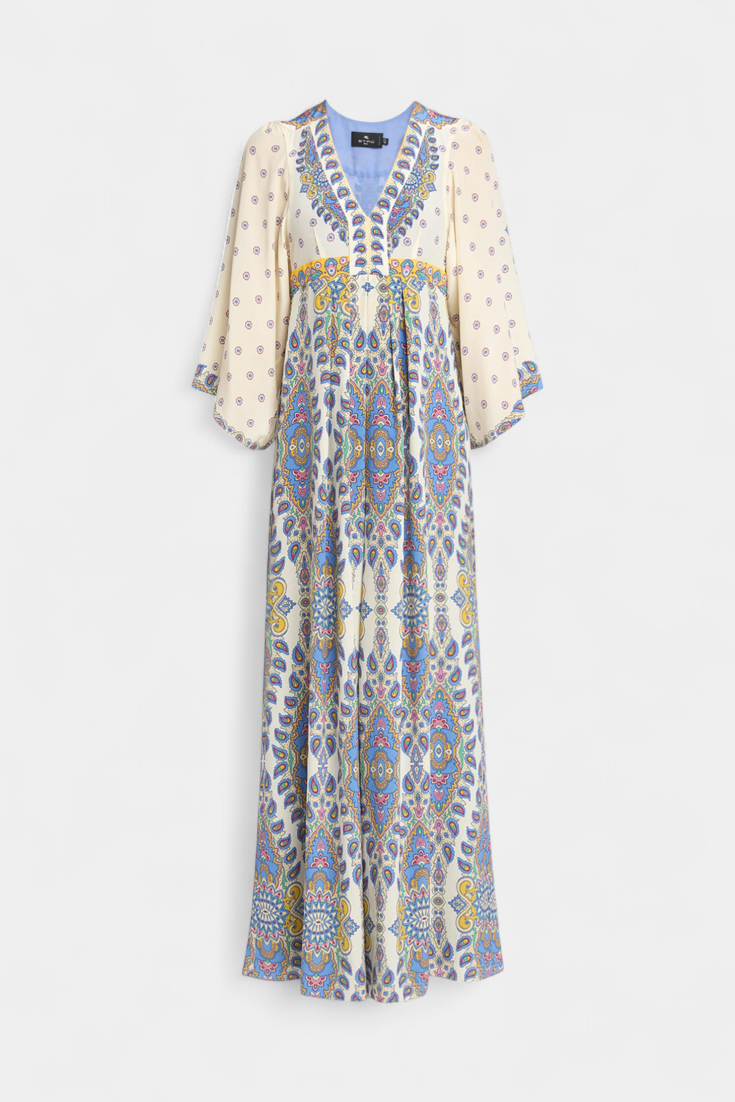 Vestido Largo Elegante con Escote en V y Estampado Paisley para Novias