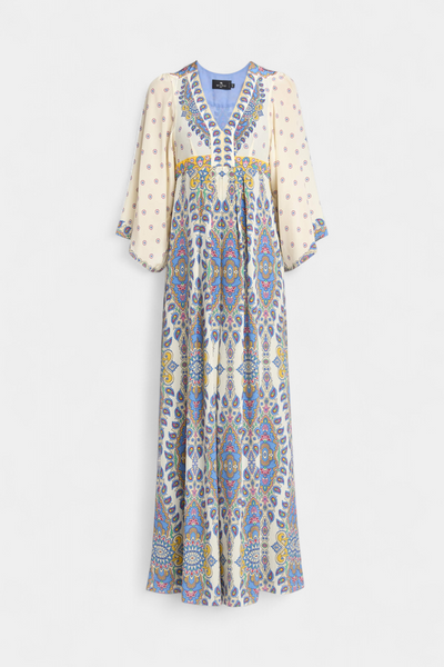 Vestido Largo Elegante con Escote en V y Estampado Paisley para Novias