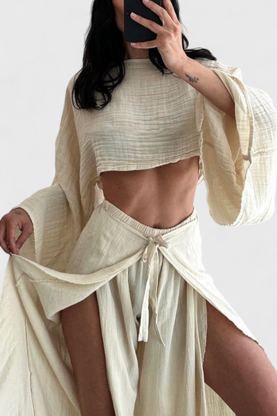 Maeva Conjunto Casual de Dos Piezas con Detalle de Abertura y Lazo