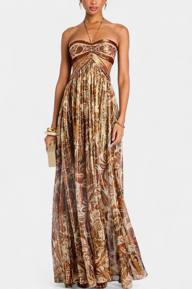 Tasha Vestido Maxi Halter con Espalda Abierta y Detalles Calados