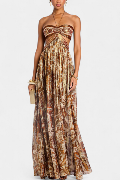 Tasha Vestido Maxi Halter con Espalda Abierta y Detalles Calados