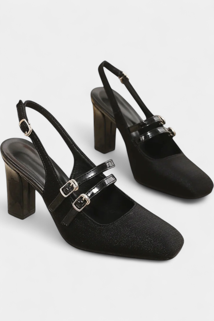 Tacones Satinados Orlanda con Doble Tira y Correa en el Tobillo