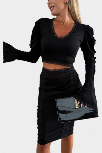 Conjunto Elegante Minerva: Top de Encaje y Falda de Cintura Alta