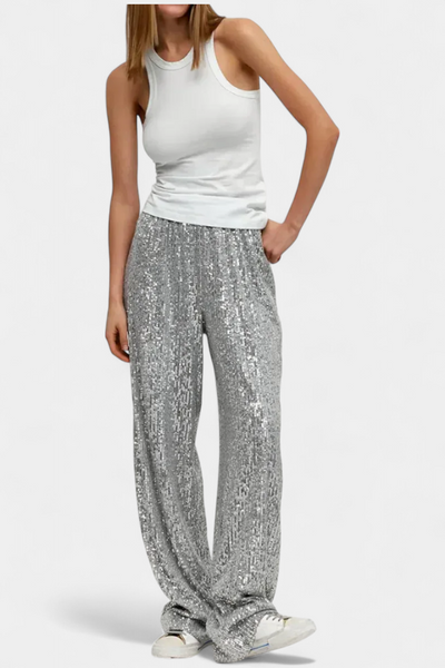 Elva Pantalones Holgados de Cintura Alta con Lentejuelas