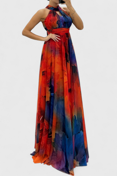 Vestido Maxi de Gasa Caprice con Estampado Floral y Cuello Halter