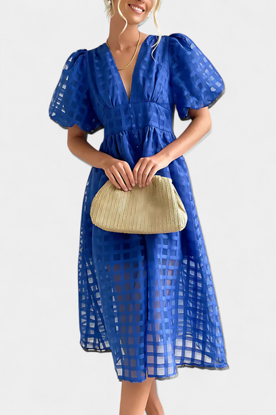 Vestido Midi Marigold de Manga Abullonada con Diseño de Cuadrados