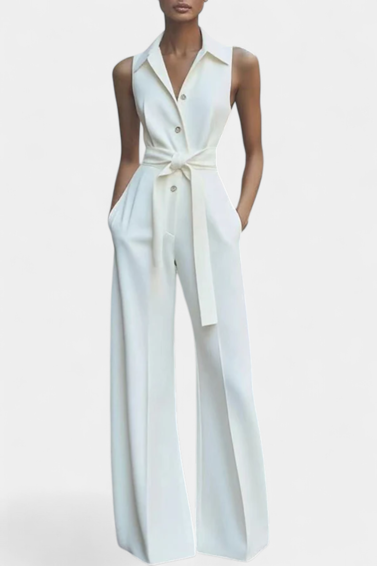 Ariella Mono Casual de Pierna Ancha con Solapa y Cintura Elevada
