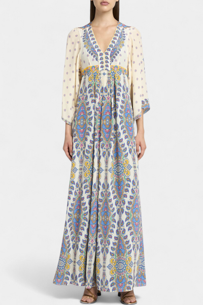 Vestido Largo Elegante con Escote en V y Estampado Paisley para Novias