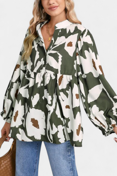 Filomena Blusa de Media Botonadura con Manga Abullonada en Estampado Floral Abstracto