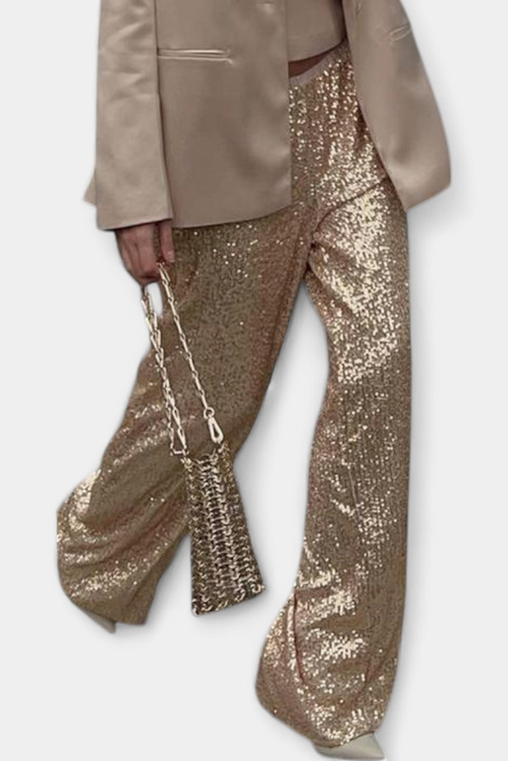 Elva Pantalones Holgados de Cintura Alta con Lentejuelas