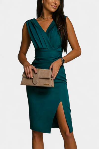 Vestido Elegante Ceñido Rosanna con Escote en V y Abertura Lateral