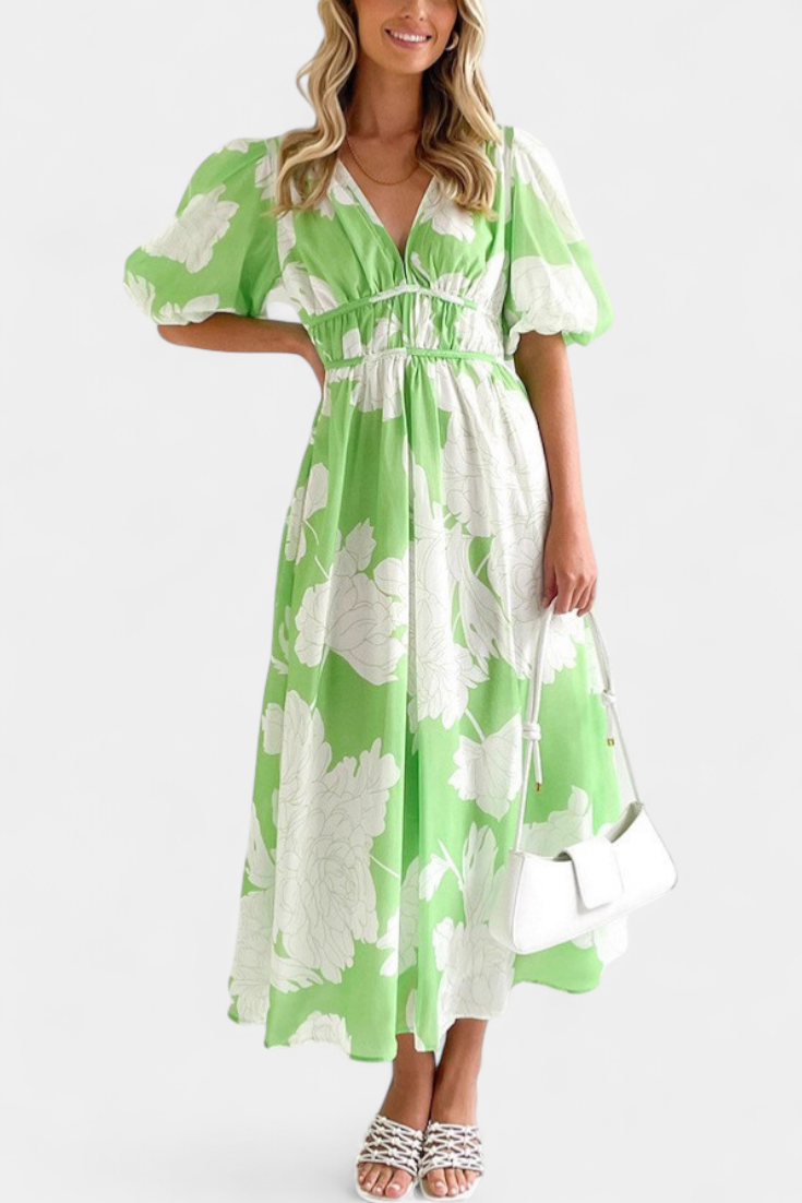 Vestido Midi Floral Wren con Escote en V y Mangas Abullonadas