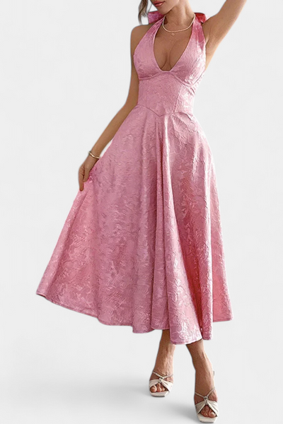 Gilda Midi Dress in Jacquard with Open Back and High Waist
