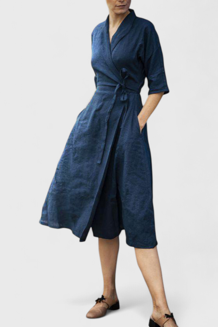 Vestido Midi Vintage Sharon de Algodón y Lino con Cuello Solapa