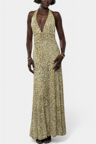Vestido Maxi de Lunares Melodía con Escote Halter y Cintura Ajustada