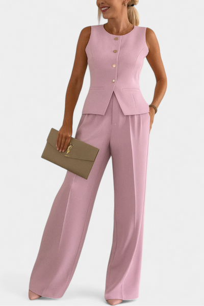 Conjunto Elegante Paloma de 2 Piezas: Blusa Sin Mangas y Pantalón Fluido